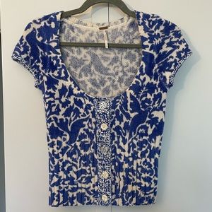 Free People Cropped Blue and Cream Sweater